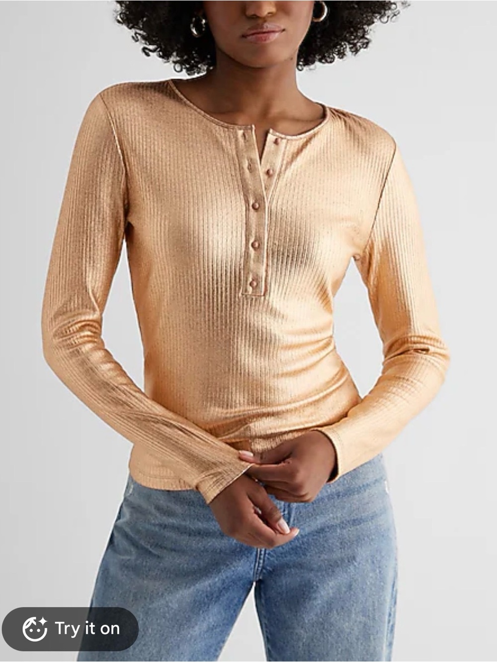 Express Metallic Gold Ribbed Henley Long-Sleeve Top